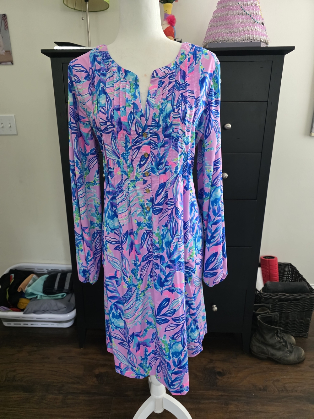 Lilly Pulitzer Pink Blue Green Floral Long-Sleeve Shift Dress